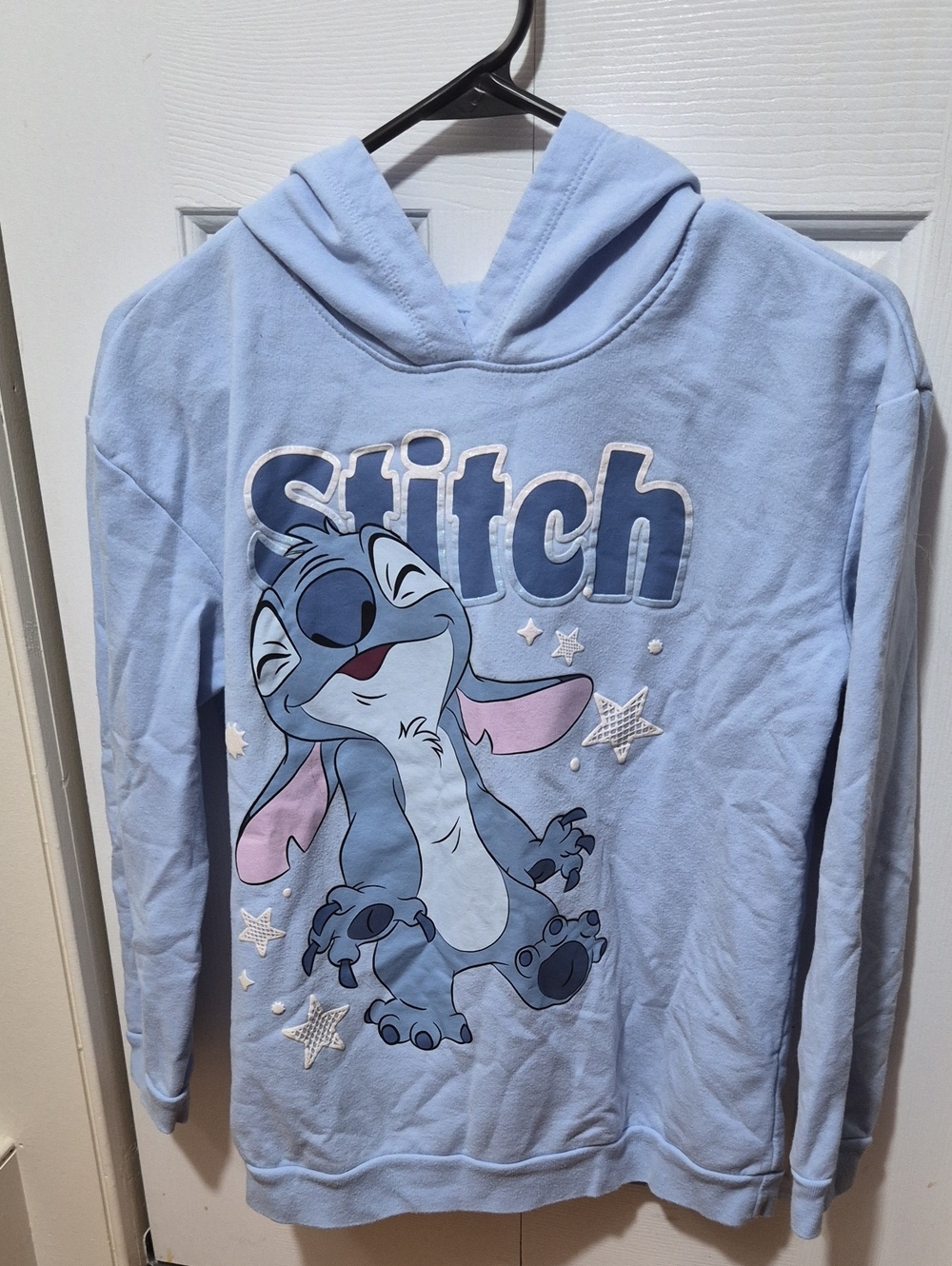 Disney Light Blue Stitch Pullover Hoodie with Pink Accents